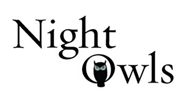 The text "Night Owls" is shown, with the "O" in "Owls" replaced by a black owl silhouette with visible eyes. The design is black on a white background.
