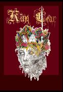 A detailed illustration of a head wearing a colorful, ornate crown appears on a dark red background. Above the head, stylized gold text reads "King Lear.