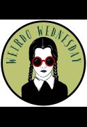 A graphic of a girl with black braided hair, pale skin, red round sunglasses, and a collared black outfit. The background is green with the words “Weirdo Wednesday” in curved text around the top.