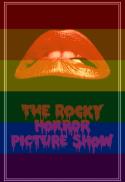 A pair of red lips is centered above the text "The Rocky Horror Picture Show" on a background with horizontal rainbow stripes, celebrating LGBTQ+ pride at CCE Nightlife in Essex County.