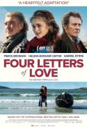 Movie poster for "Four Letters of Love" featuring Pierce Brosnan, Helena Bonham Carter, and Gabriel Byrne. The actors are shown above a beach scene with a couple embracing near the water. Film festival logos are included.