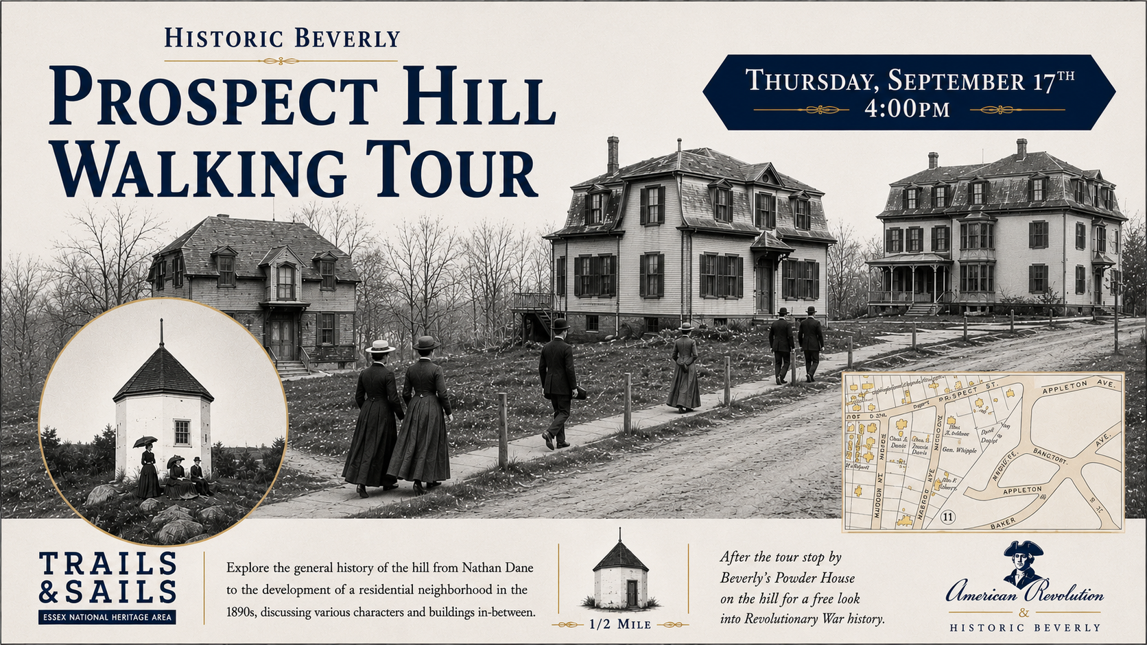 A black-and-white event flyer for the Prospect Hill Walking Tour in Beverly on Thursday, September 17th at 4:00 PM, featuring historic home photos, a small map, and event details about local history and landmarks.