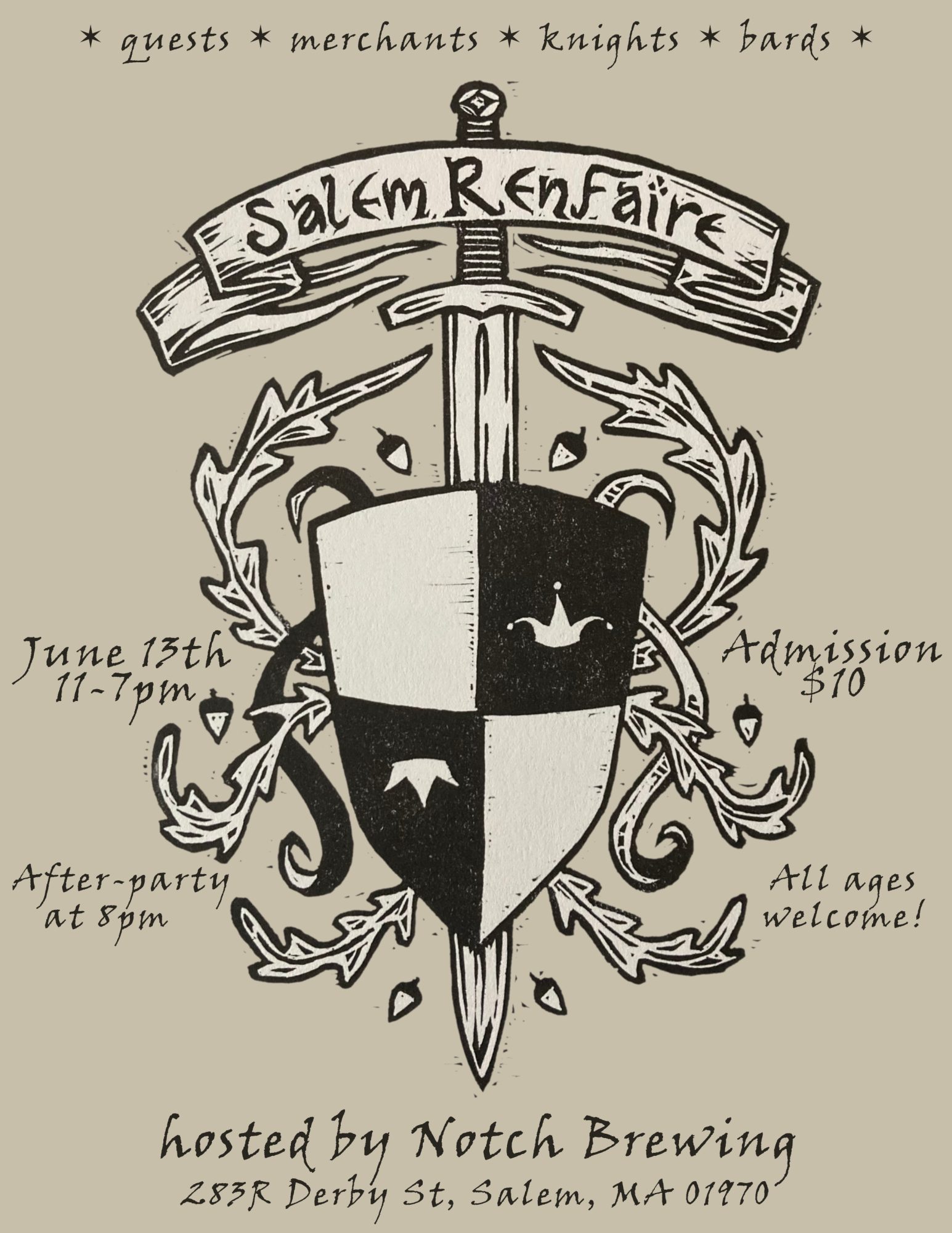 A medieval-themed poster for the 2026 Salem RenFaire features a sword and shield crest, with event details: June 13th, 11–7pm, $10 admission, after-party at Notch Brewing, 283R Derby St, Salem, MA.
