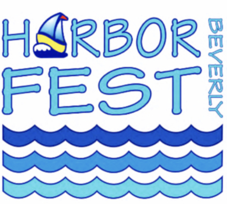 Logo for Harbor Fest Beverly. The word "Harbor" features a sailboat graphic as the letter A. "Fest" appears below, above rows of blue waves. "Beverly" is written vertically to the right.