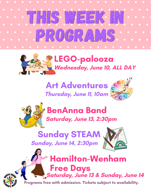 A pink polka dot flyer highlights Upcoming Programs for the week of June 8: LEGO-palooza (June 10), Art Adventures (June 11), BenAnna Band (June 13), Sunday STEAM (June 14), and Hamilton-Wenham Free Days (June 13-14).