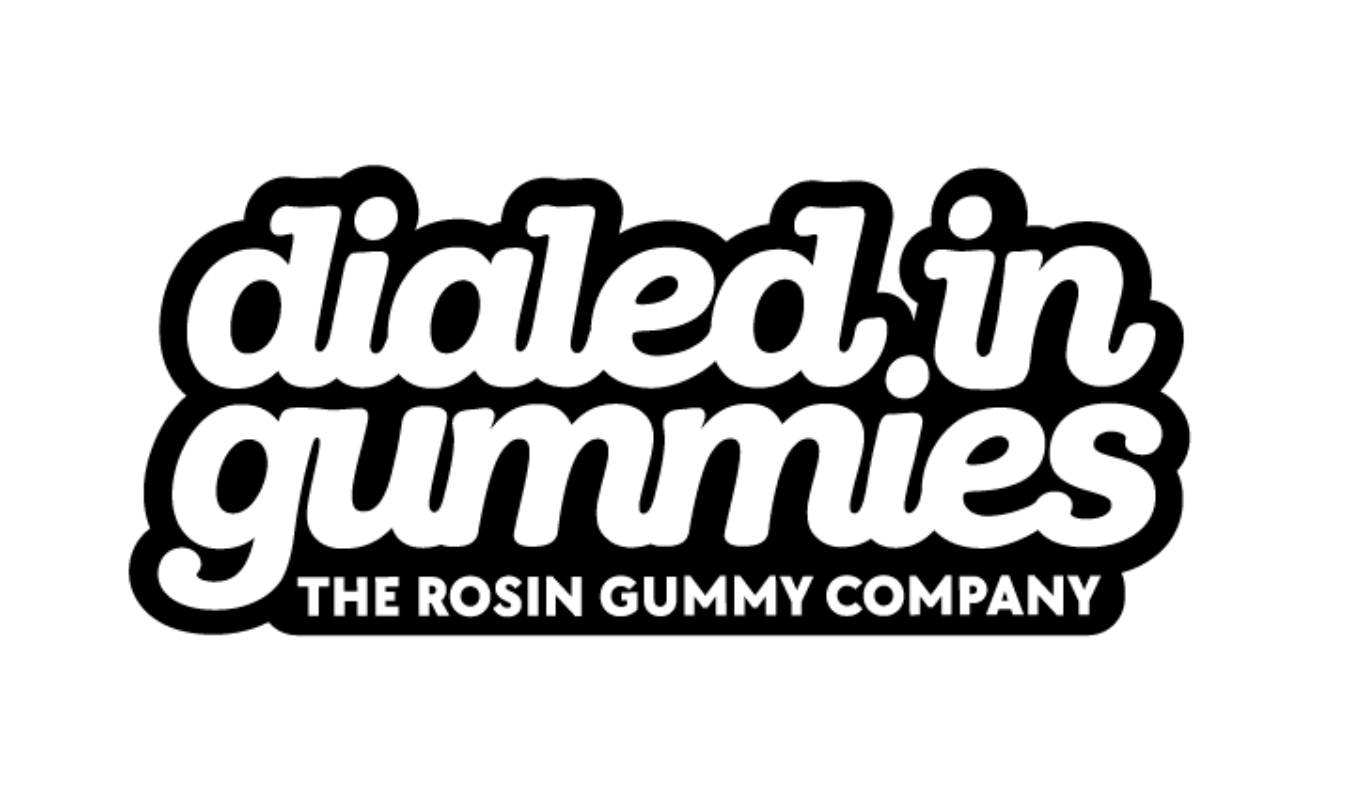 Black and white logo with the words "dialed in gummies" in bold, rounded letters and "THE ROSIN GUMMY COMPANY" in smaller, uppercase letters below.
