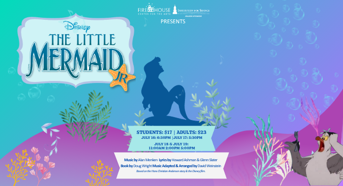A promotional poster for Disney's "The Little Mermaid JR" shows Ariel swimming above sea creatures. Event dates, ticket prices, and showtimes are listed beneath the title. Text credits the creators, set on a blue ocean-themed background.