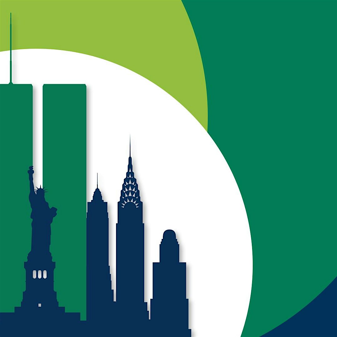 A graphic illustration of New York City landmarks in dark blue, including the Statue of Liberty, Twin Towers, and iconic skyscrapers, set against a white and green abstract background.