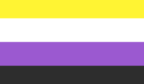 A flag with four horizontal stripes: yellow on top, followed by white, then purple, and black on the bottom.