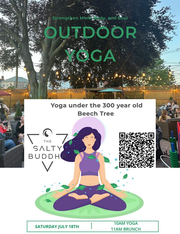 A flyer for “Outdoor Yoga” shows people seated outdoors under string lights and a large tree. The lower part features an illustrated woman meditating, event details, a QR code, and The Salty Buddha logo.