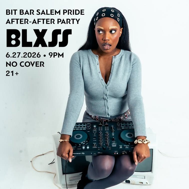 A woman wearing a light blue sweater, black headband, and black skirt sits with her hands on a DJ controller. Event details for a Salem Pride after-after party with BLXSS are displayed to her left.