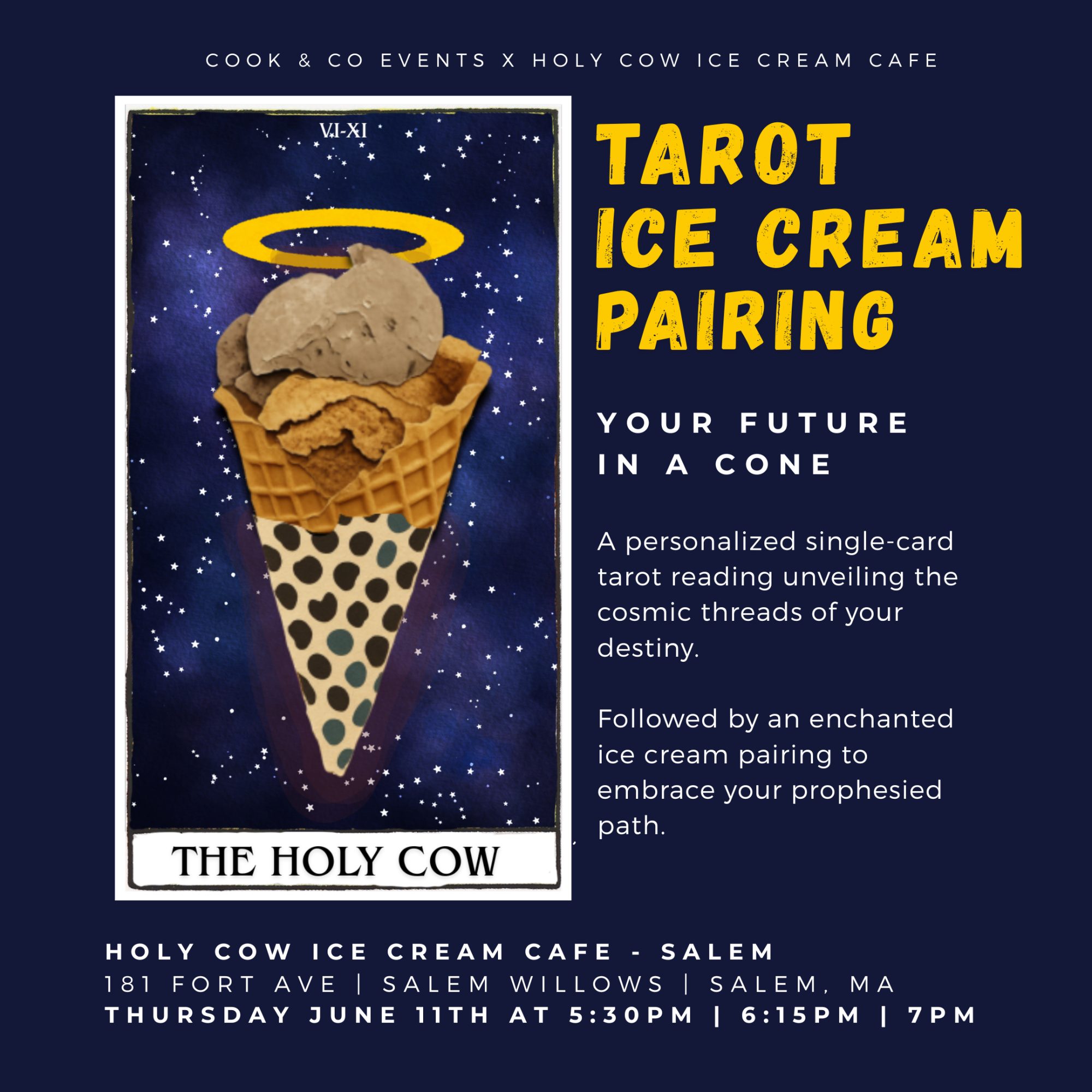 A promotional graphic for a Tarot Ice Cream Pairing event, featuring an illustrated tarot card with a cow in an ice cream cone and a yellow halo. Event details and description are included on a dark blue background.