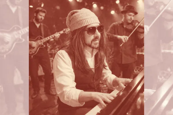 A man wearing a beanie, sunglasses, and a vest plays a keyboard. Behind him, Horace McMann plays guitar while another musician plays violin. The scene appears to be at a live music performance.