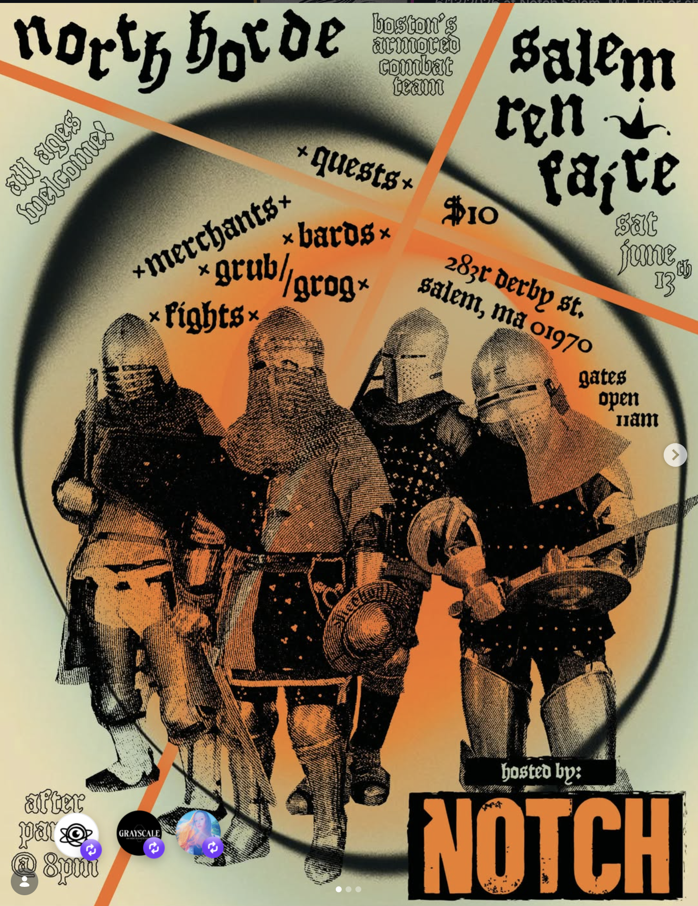 Four people in medieval armor stand together. The poster promotes the 2026 Salem RenFaire on June 15 in Salem, MA, with combat, vendors, food, and quests—hosted by Notch Brewing. Entry is $10 and gates open at 11 am.