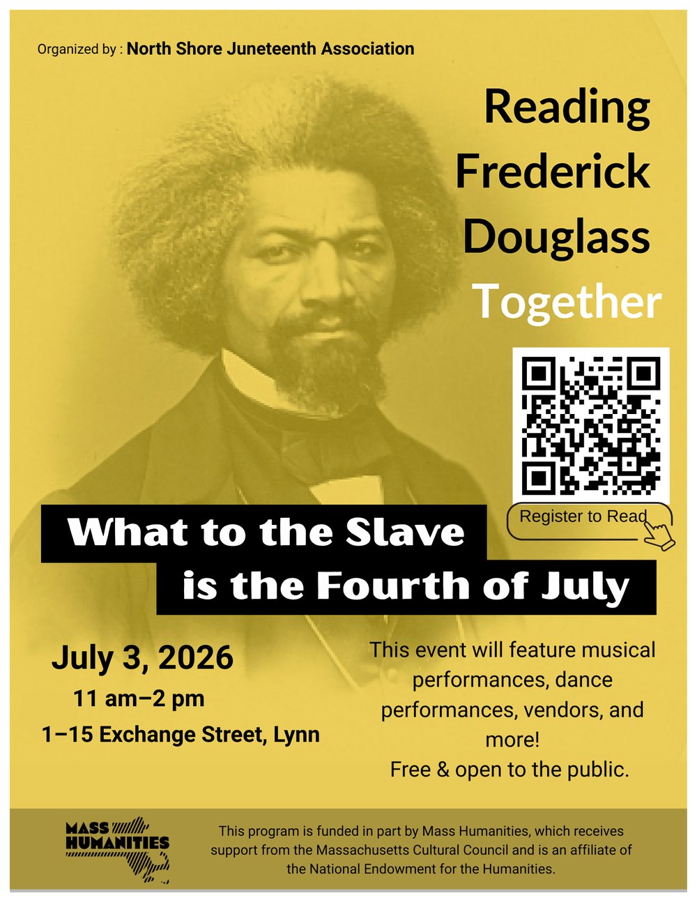 Event poster features a black-and-white portrait of Frederick Douglass. Text announces the 10th Annual Juneteenth Celebration and public reading on July 3, 2026, at Exchange Street, Lynn, with performances, vendors, and a QR code for registration.
