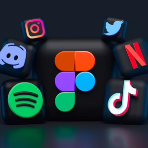 A group of 3D black cubes each displays a different app logo, including Instagram, Twitter, Netflix, Discord, Spotify, TikTok, and a large Figma logo in the center—capturing the vibrant spirit of Sevenings and CCE Nightlife in Essex County.