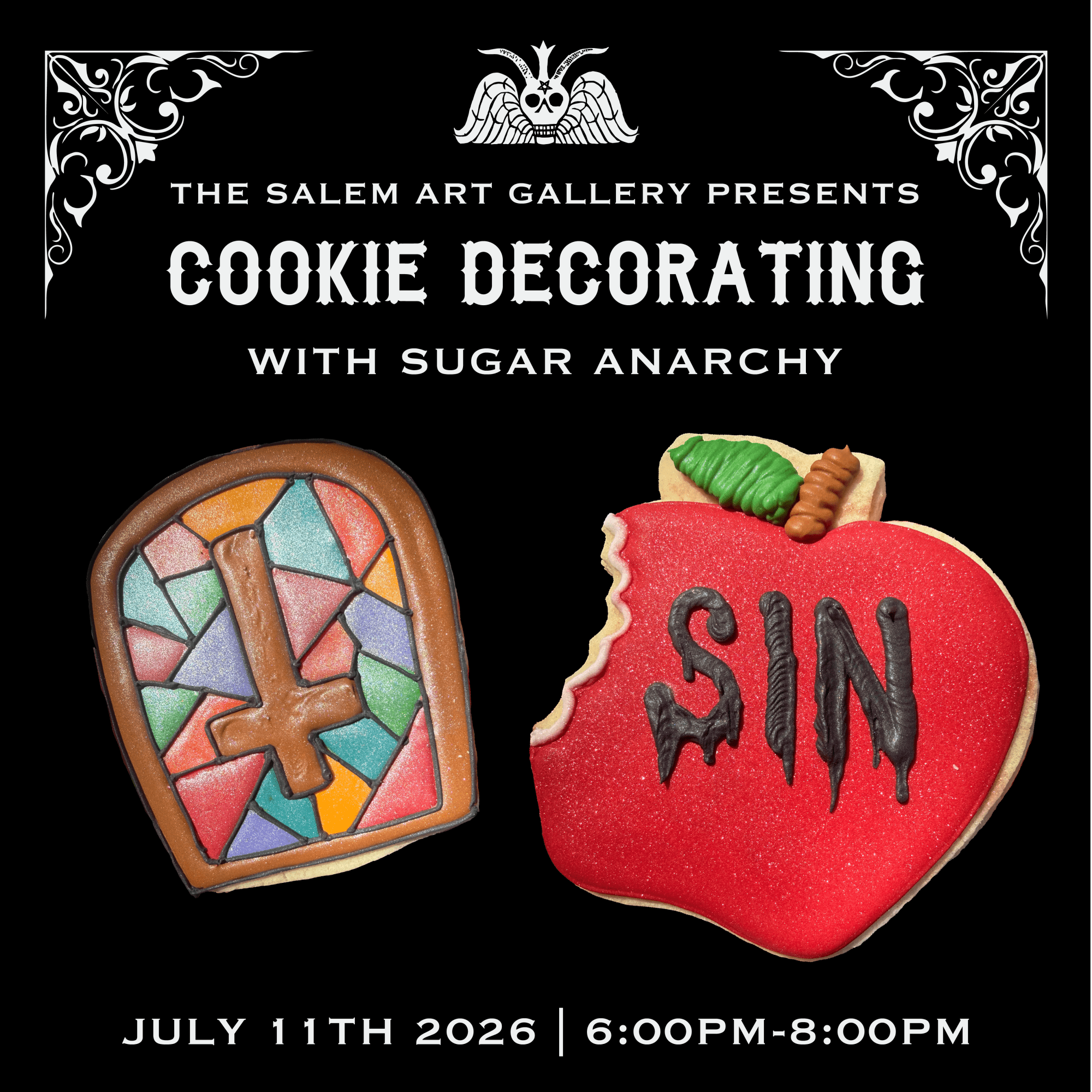 A flyer for a cookie decorating event. It shows a stained glass cookie with a cross and an apple-shaped cookie with the word "SIN" written on it. Event details are at the bottom: July 11, 2026, 6:00pm–8:00pm.