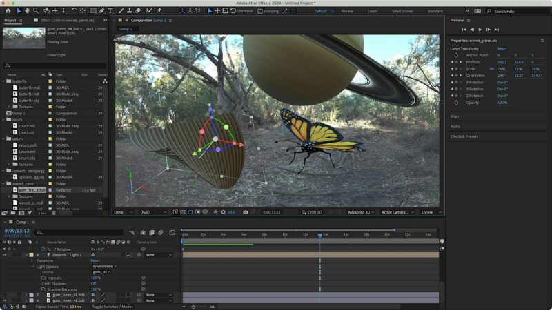 A computer screen displays Adobe After Effects with a project showing a 3D butterfly, a fish, and the planet Saturn overlaid on a forest background. Various animation controls and panels are visible.