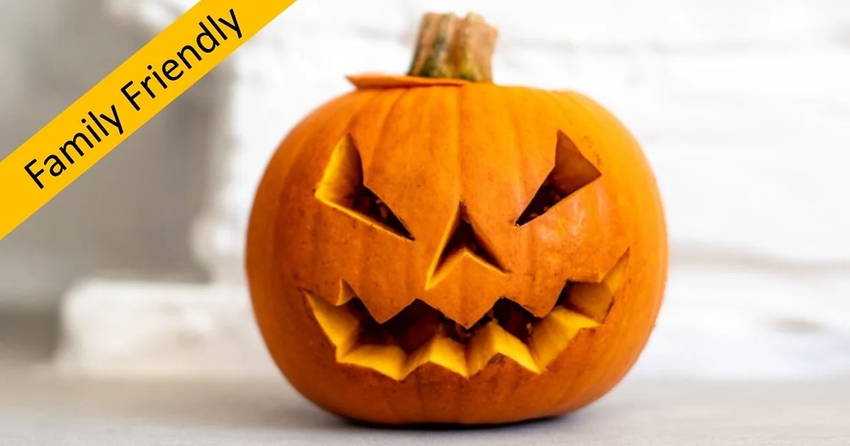 A carved pumpkin with triangular eyes and nose and a jagged mouth is shown on a white background. A yellow banner in the top left corner reads "Family Friendly.