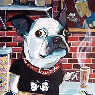 A painting of a Boston Terrier wearing a black shirt and red collar sits at a table with a cup of steaming coffee. The background includes a brick wall, a canister, and a framed picture of a person holding a cup.
