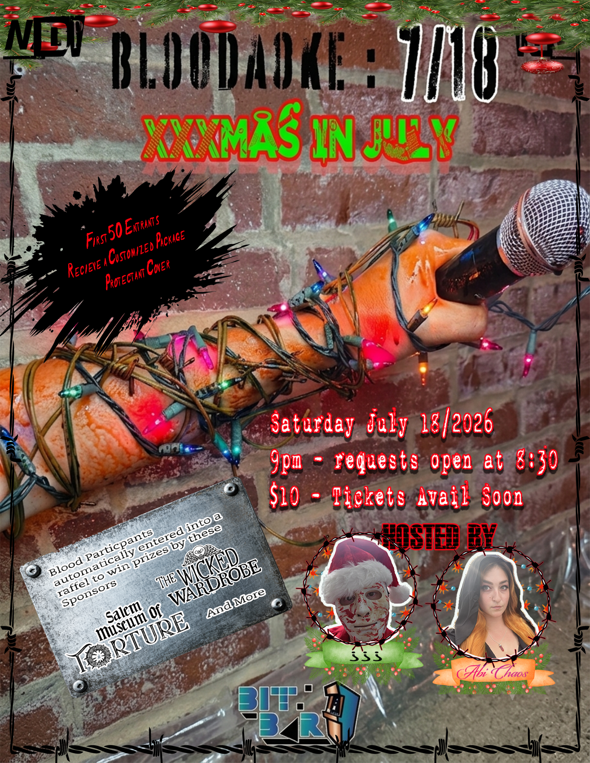 A festive poster features a severed zombie arm holding a microphone, promoting "Bloodaoke: XXXmas in July" on Saturday, July 18, 2026. Event details, ticket info, and hosts appear amid bold holiday and horror graphics.