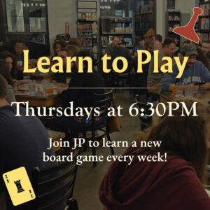 A group gathers at tables in a lively café for CCE Nightlife: "Learn to Play" board games every Thursday at 6:30 PM in Essex County. Discover a new game each week—board game icons set the scene for fun Sevenings!.