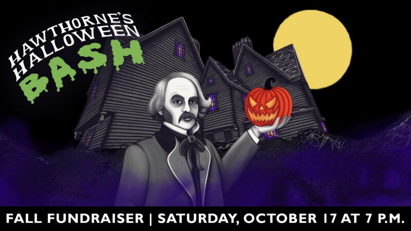 Illustration of a man in old-fashioned clothing holding a jack-o’-lantern, standing in front of dark houses with a large yellow moon. Text reads: “Hawthorne’s Halloween Bash. Fall Fundraiser | Saturday, October 17 at 7 p.m.”.