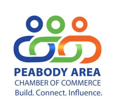 Logo for Peabody Area Chamber of Commerce with three interlocking abstract human figures in blue, green, and orange—symbolizing leadership and collaboration. Text below reads: "PEABODY AREA CHAMBER OF COMMERCE Build. Connect. Influence.