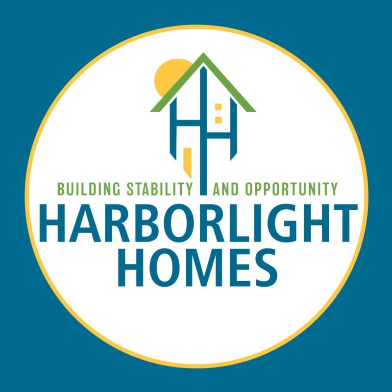 A round logo with a blue background features a green house, yellow sun, and “Building Stability and Opportunity Harborlight Homes.” The design uses blue, green, and yellow—perfect for promoting your next Harborlight Community Session.