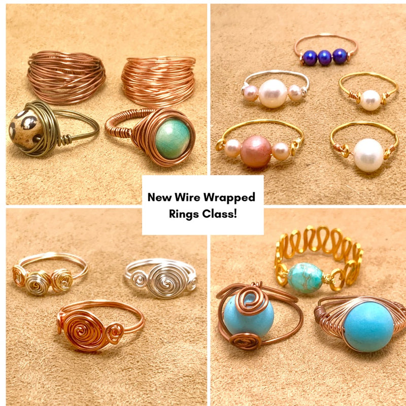 A collage of handmade wire-wrapped rings in various designs and colors is displayed on a tan surface. Text in the center reads, "New Wire Wrapped Rings Class!" The rings feature beads, pearls, and different wire shapes.