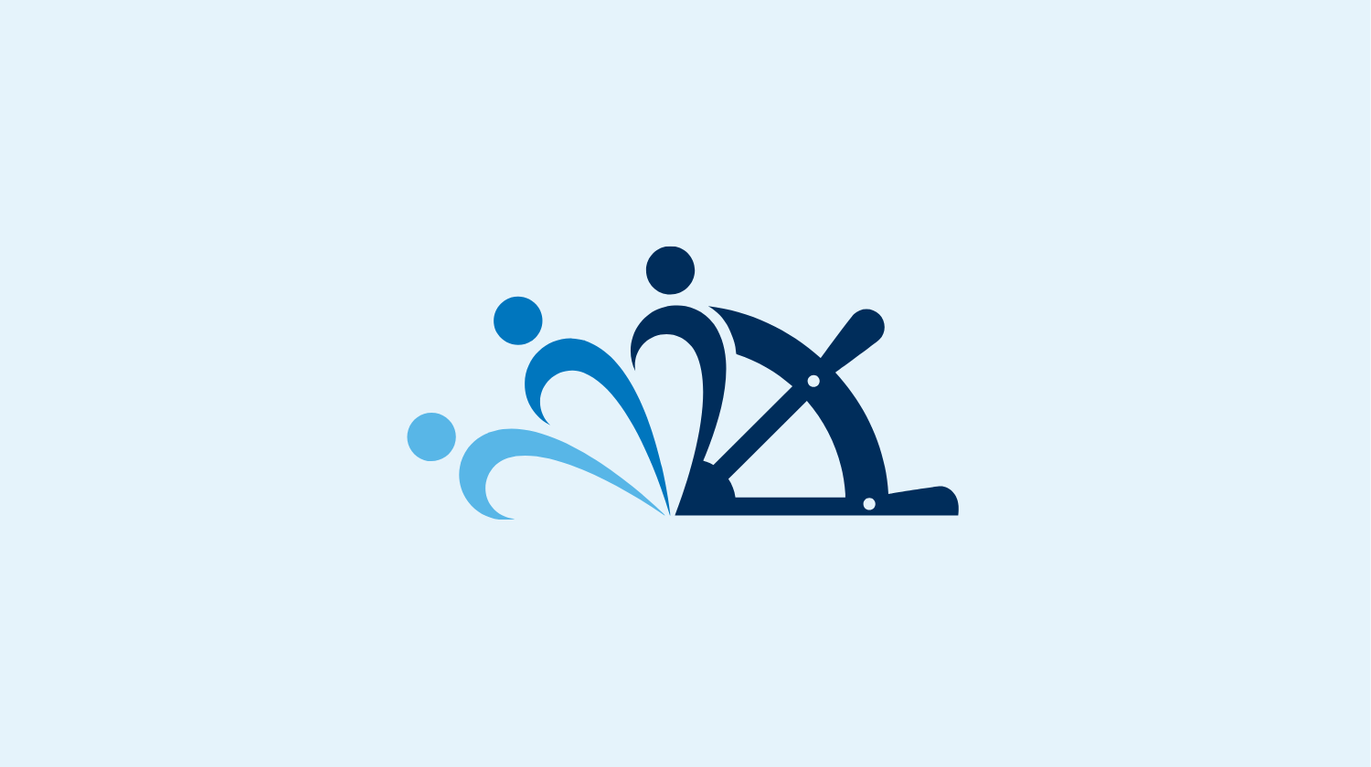 A minimalist illustration shows two stylized people rowing a boat, with water splashes depicted by blue curves. The background is light blue.