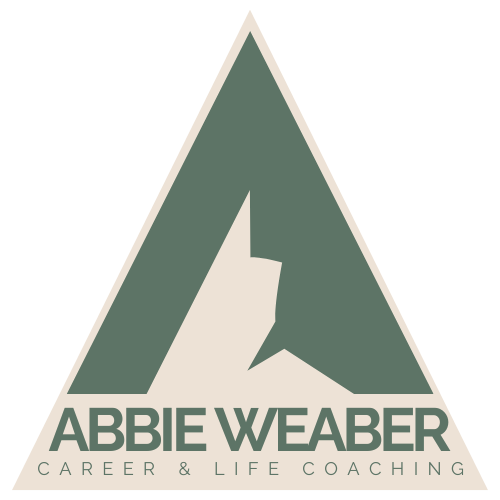 A triangular logo with a stylized mountain and the text "ABBIE WEABER CAREER & LIFE COACHING" below in green and beige colors.
