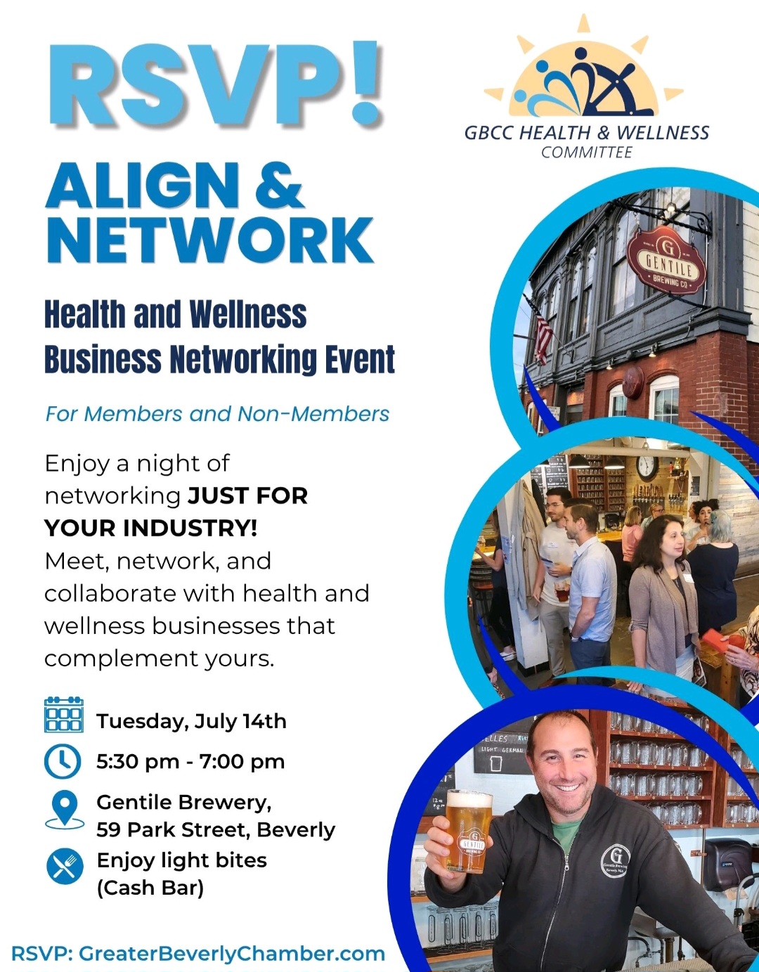 Flyer for a Health and Wellness Business Networking Event at Gentile Brewery. Includes event details, photos of the brewery, drinks, and people networking. RSVP link is provided. Event is on Tuesday, July 14th, from 5:30 pm to 7:00 pm.
