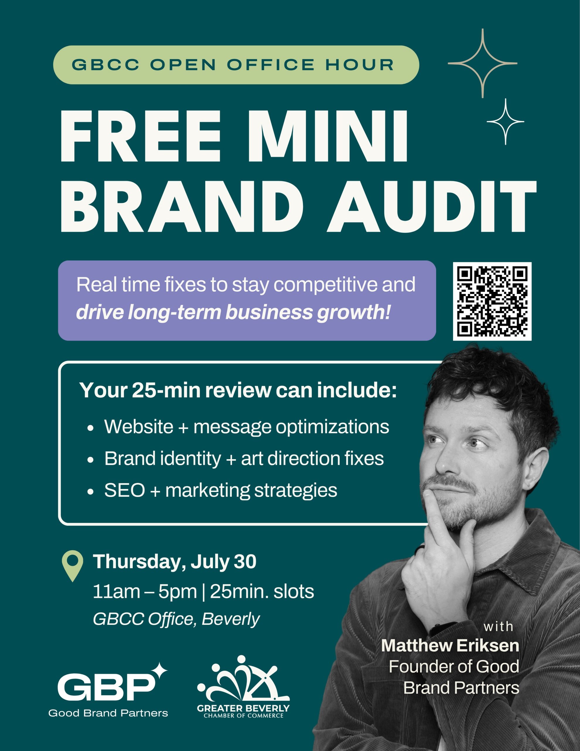 Flyer for a free mini brand audit event with a photo of a man thinking, event details, list of review topics, and logos of Good Brand Partners and Greater Beverly Chamber of Commerce. Date is Thursday, July 30 at GBCC Office, Beverly.