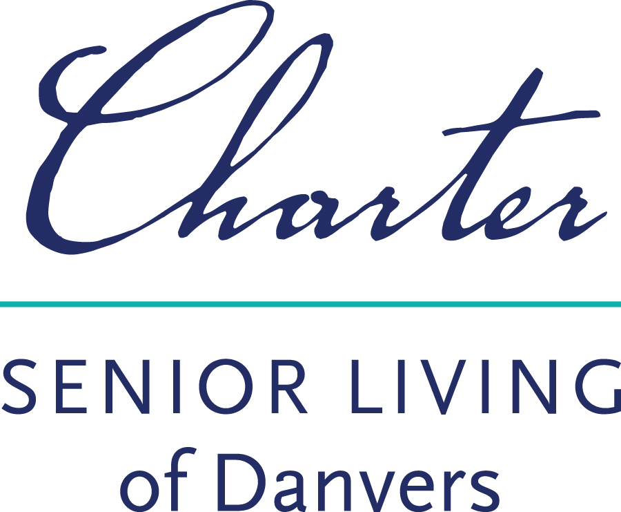 The image shows the Charter Senior Living of Danvers logo. "Charter" is written in large blue script above a teal line, with "SENIOR LIVING of Danvers" below in smaller blue capital letters.