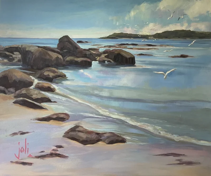 A rocky shoreline under a blue sky with scattered clouds, calm waves touching the sand, seagulls flying above, and a distant landmass on the horizon.