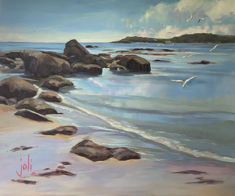 A rocky shoreline under a blue sky with scattered clouds, calm waves touching the sand, seagulls flying above, and a distant landmass on the horizon.