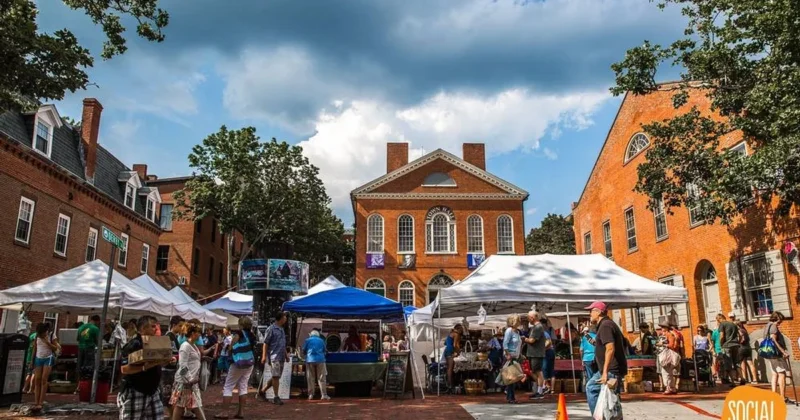A busy outdoor market with white tents set up on a brick plaza. People walk among the tents, browsing goods. Historic brick buildings surround the market, and trees and a blue sky with some clouds are visible above.
