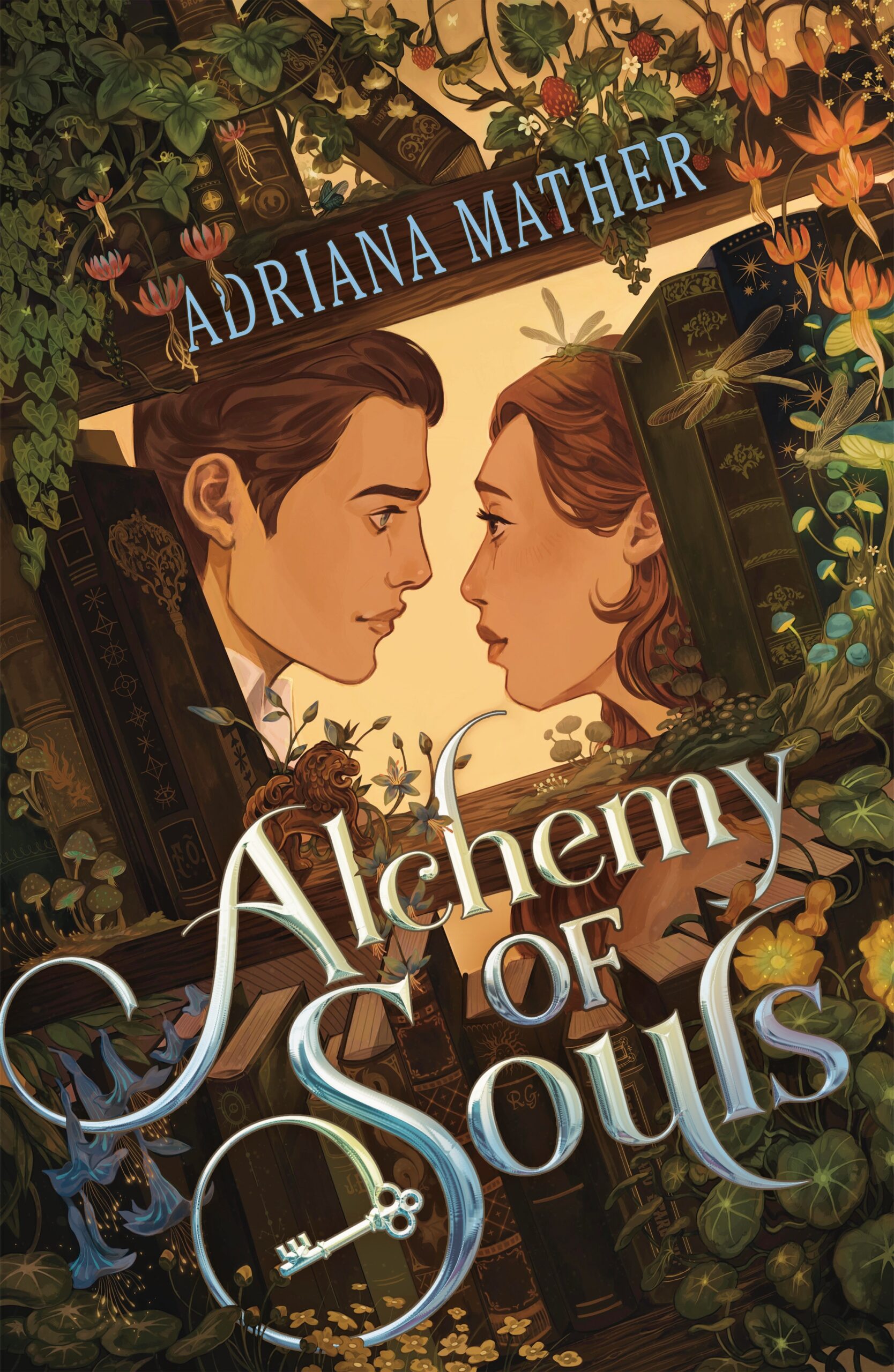 A book cover for "Alchemy of Souls" shows a man and woman facing each other among vines, flowers, and large books. "Adriana Mather" is at the top in blue uppercase text—a perfect pick for your next Wicked Good Books discovery or upcoming book launch!.