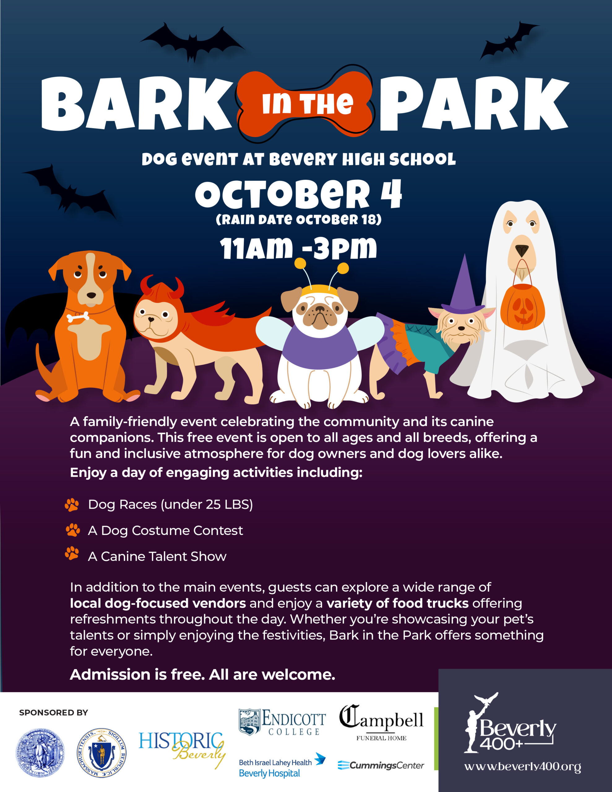 Event poster for "Bark in the Park" showing cartoon dogs in costumes, event details (October 4, 11am-3pm at Beverly High School), and activity highlights like dog races, a costume contest, and a talent show.