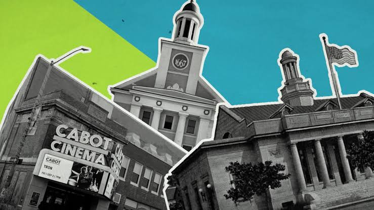 A collage celebrates Beverly 400 Years, featuring Cabot Cinema, a courthouse clock tower reading “1667,” and an American flag building—set against a blue-green background blending color and black-and-white.