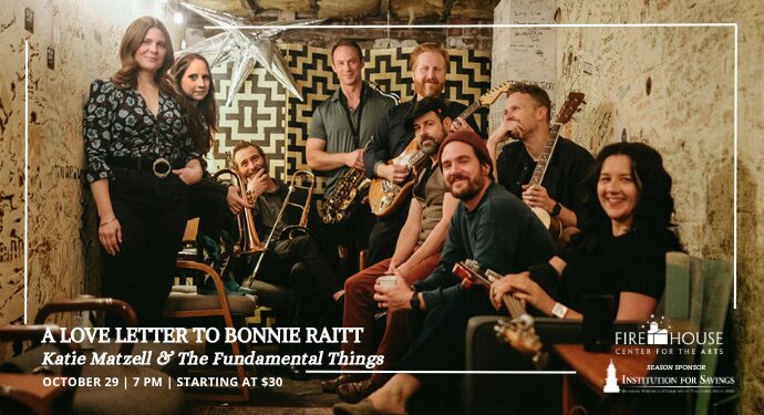 A group of eight people sit and stand in a cozy, dimly lit room with patterned walls. Some hold musical instruments. Text overlay advertises a show called “A Love Letter to Bonnie Raitt” featuring Katie Matzell & The Fundamental Things, with event details.