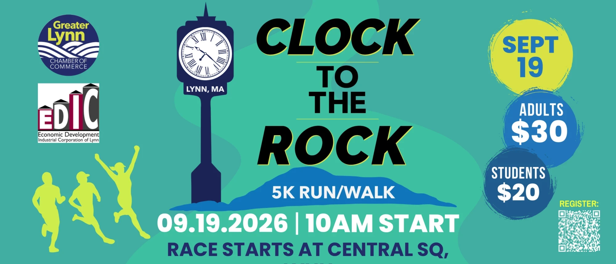 Promotional image for the 2026 Clock to the Rock 5K run/walk, September 19 at 10 AM in Central Square, Lynn, MA. Includes logos, a clock, and a QR code for registration. Adult: $30; Student: $20.