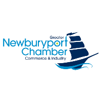 Logo for the Greater Newburyport Chamber of Commerce & Industry featuring blue text, a stylized dark blue sailboat with a wave underneath, reflecting Essex County’s heritage and vibrant CCE Nightlife.