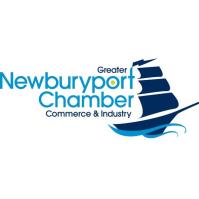 Logo for the Greater Newburyport Chamber of Commerce & Industry with blue text and a dark blue ship silhouette on the right, above light blue waves.