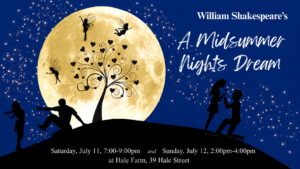 Silhouettes of people, fairies, and a heart-filled tree under a moonlit sky set the scene for Essex County’s CCE Nightlife Sevenings: William Shakespeare's "A Midsummer Night's Dream" at Hale Farm—join us beneath the stars on select dates.