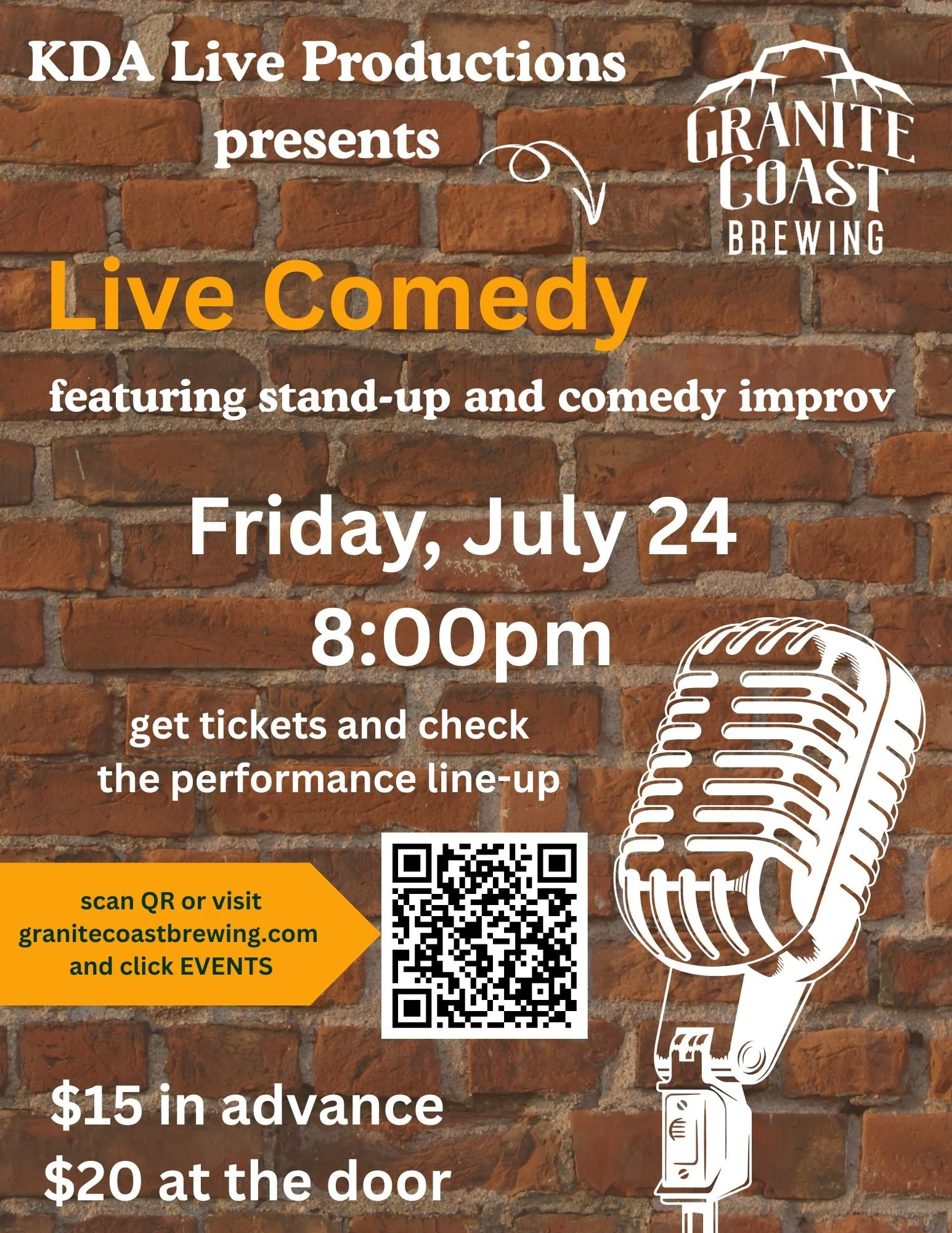 Flyer for a live comedy event on Friday, July 24 at 8:00pm at Granite Coast Brewing. Features stand-up and improv. Tickets are $15 in advance, $20 at the door. Includes a QR code for tickets and event details, with a vintage microphone graphic.
