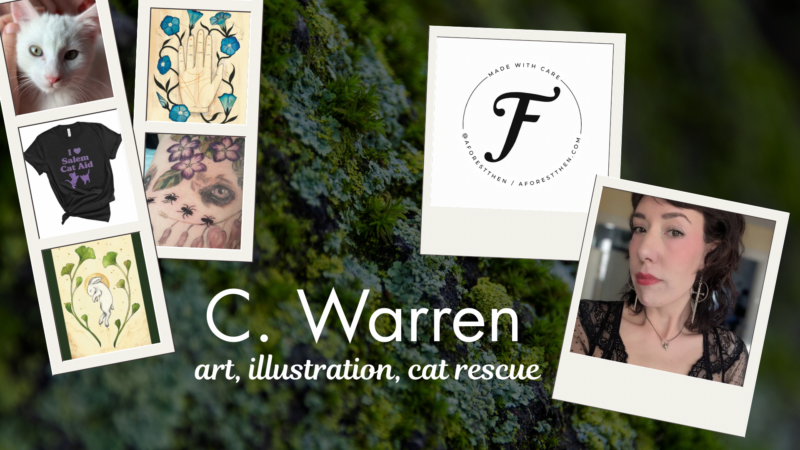 A collage featuring artwork, a cat photo, a “I Sustain Cat Aid” shirt, a logo reading “Made with Care JAGofSpitten jagofspitten.com,” and a woman’s portrait. The text reads, “C. Warren art, illustration, cat rescue.” Moss background.