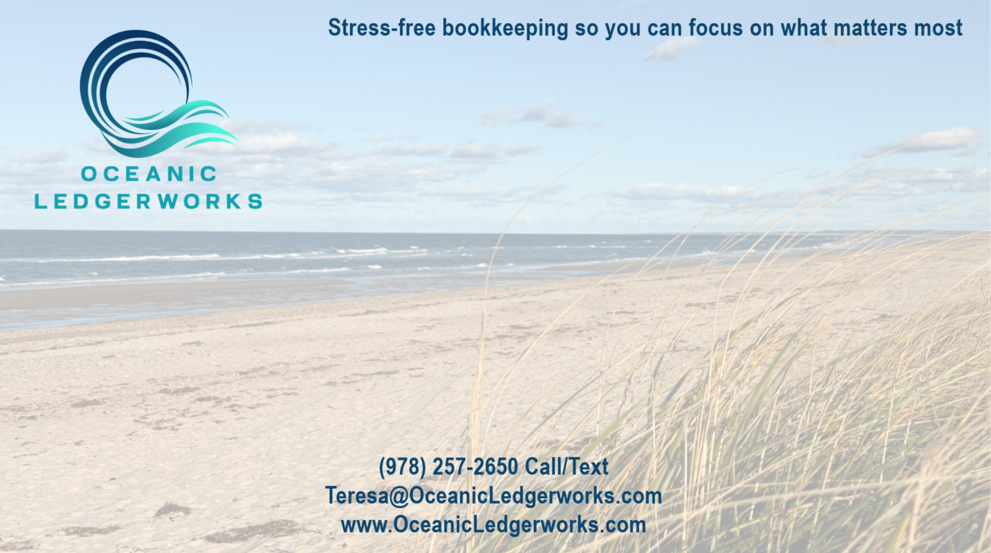 A sandy beach with ocean waves and grassy dunes, overlaid with the Oceanic Ledgerworks logo, tagline “Stress-free bookkeeping so you can focus on what matters most,” plus all Oceanic Ledgerworks contact details: phone, email, and website.