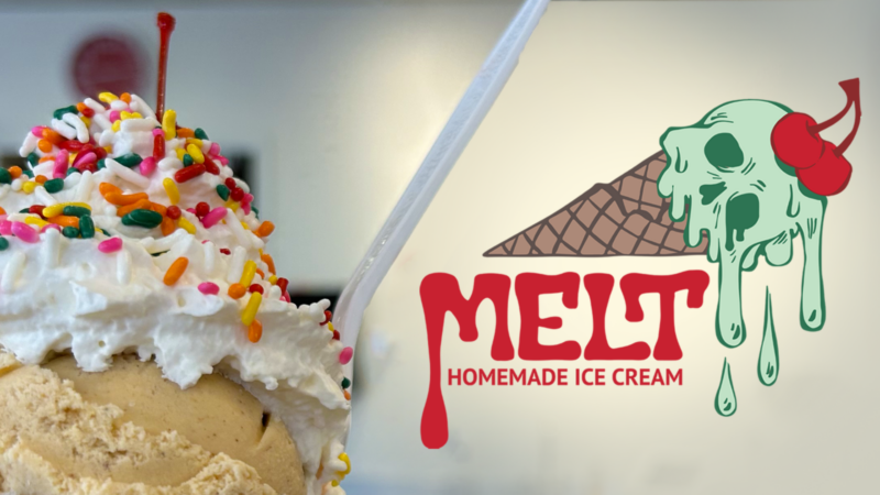 Close-up of a tempting ice cream sundae topped with whipped cream, sprinkles, and a cherry. Beside it, the logo reads “MELT HOMEMADE ICE CREAM” with a green melting cone and cherry—celebrating deliciously cool Melt moments!.